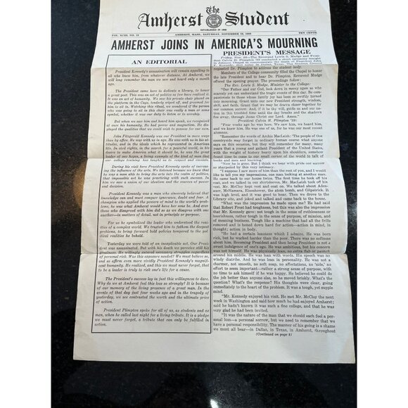 Vtg Amherst College The Amherst Student Newspaper November 23, 1963 VOL. XCIII - Picture 1 of 7